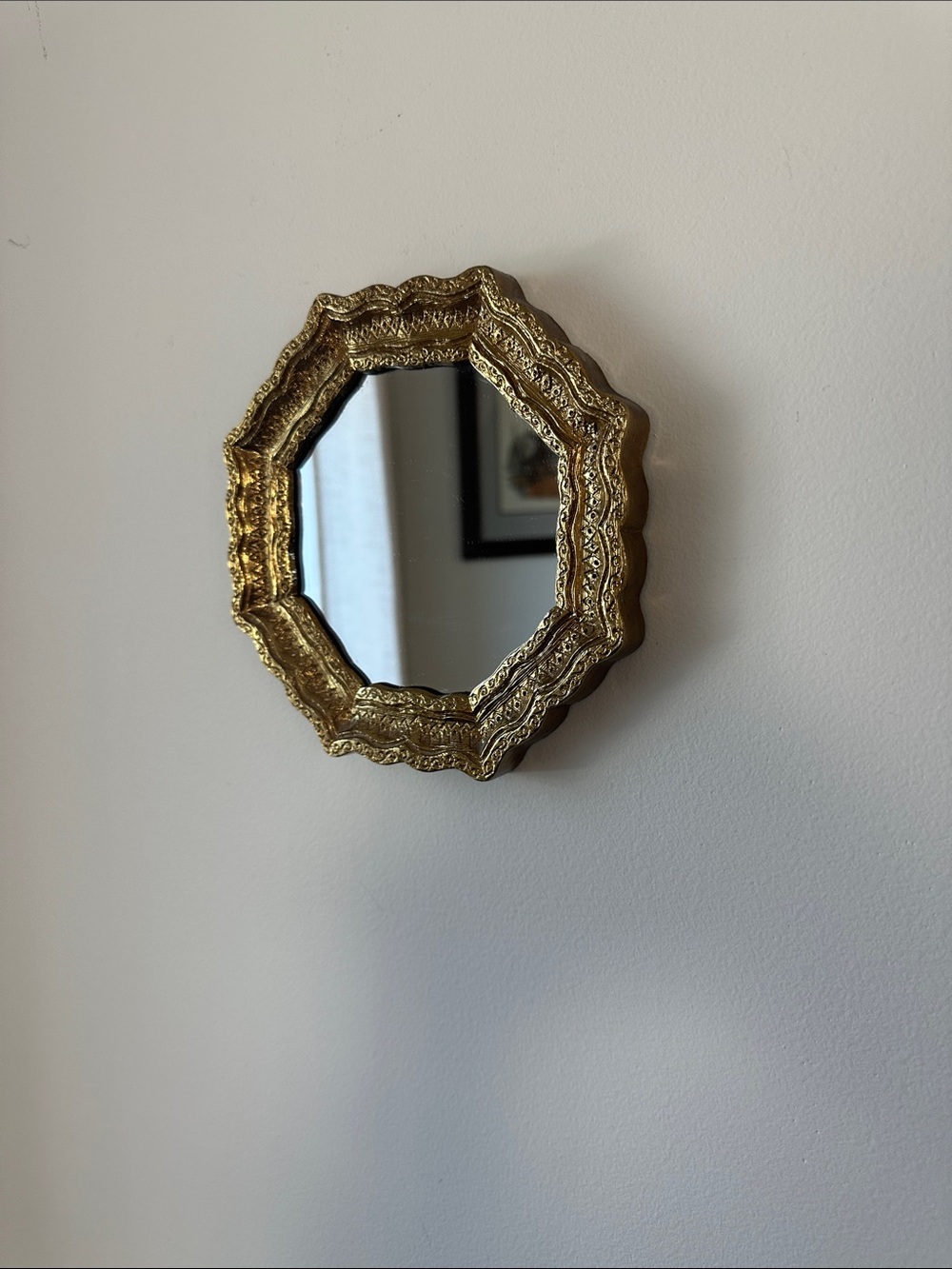 Vintage 70s MCM Gold Octagon Wall Mirror 6.5” Hollywood Regency Style